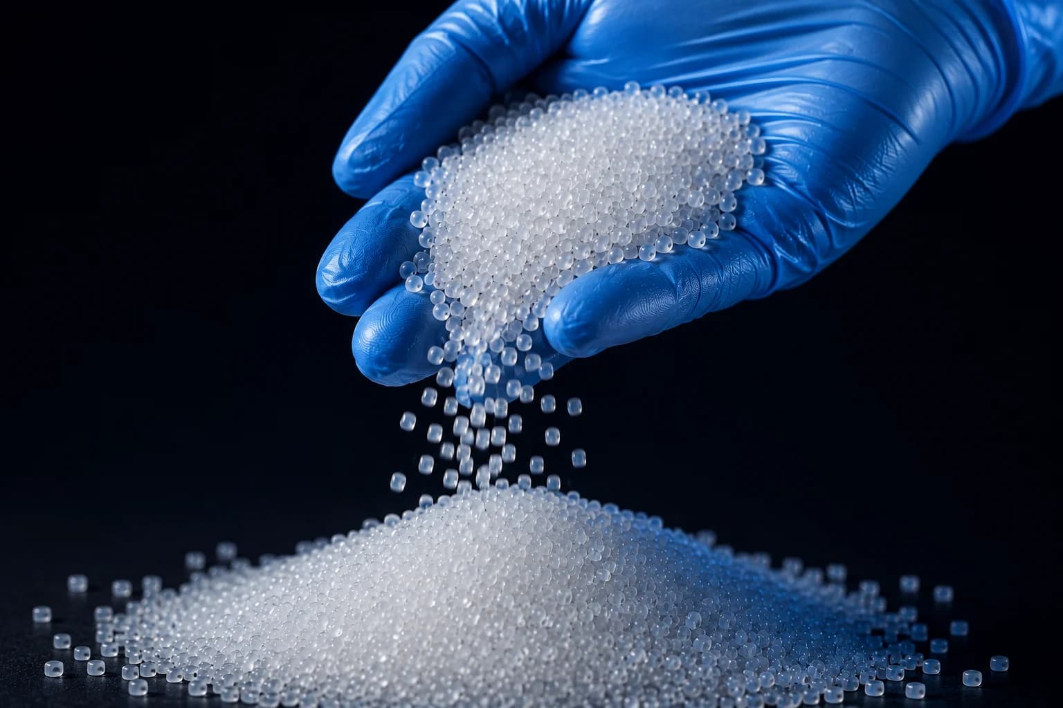 Translucent polymer pellets pouring into a mound