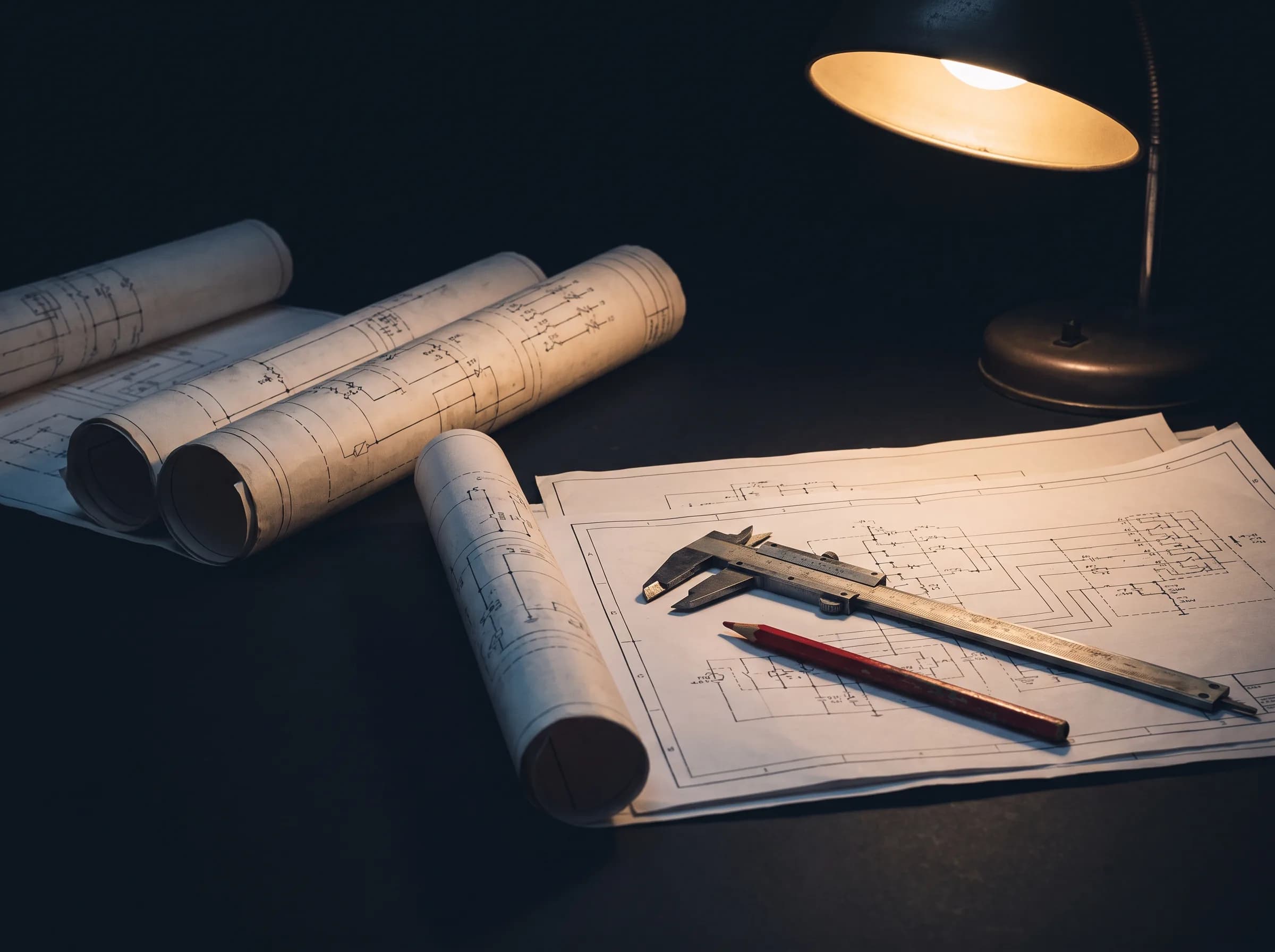 Electrical schematics and engineering documents on a desk