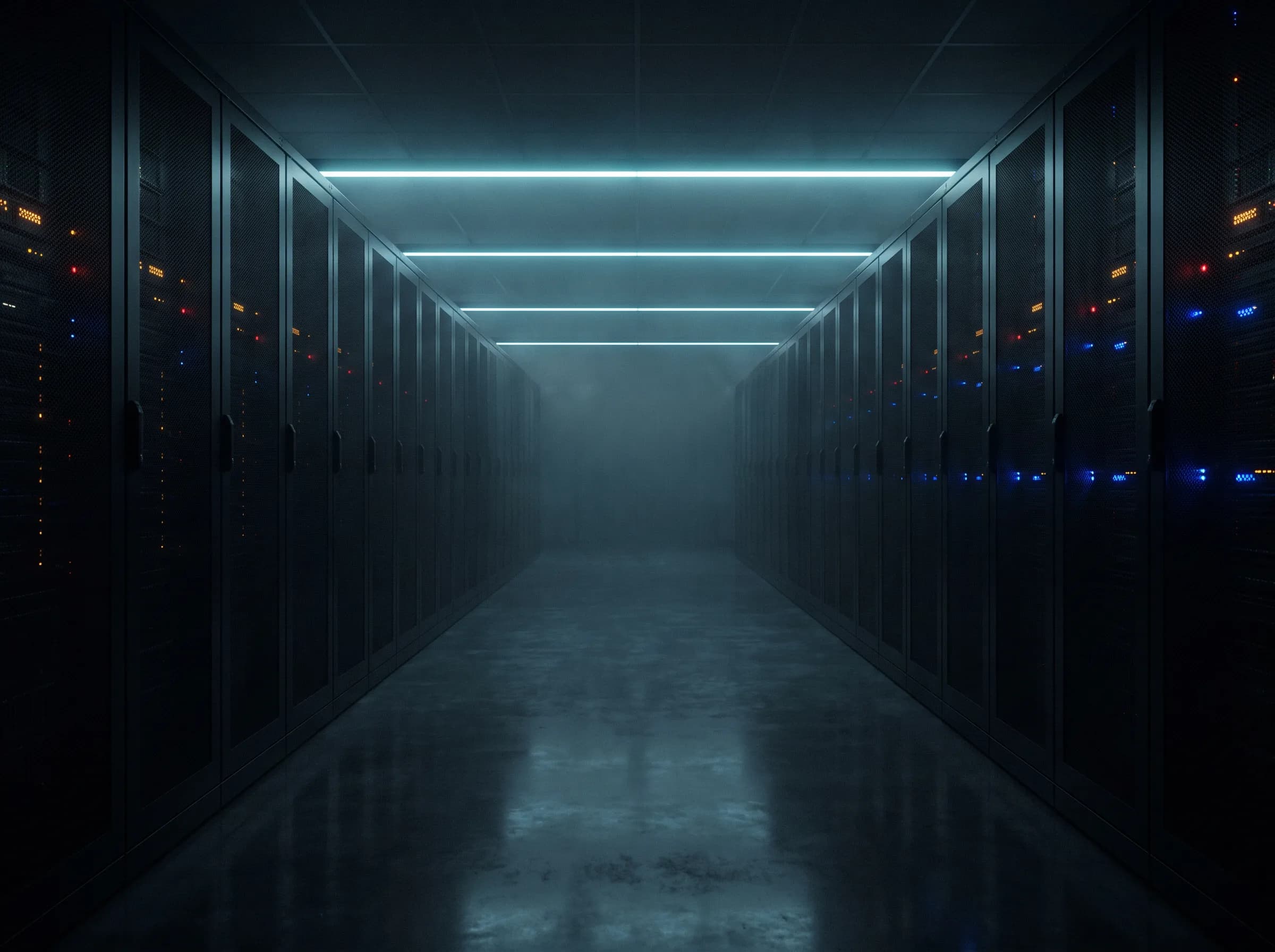 Dark data center corridor with status LEDs