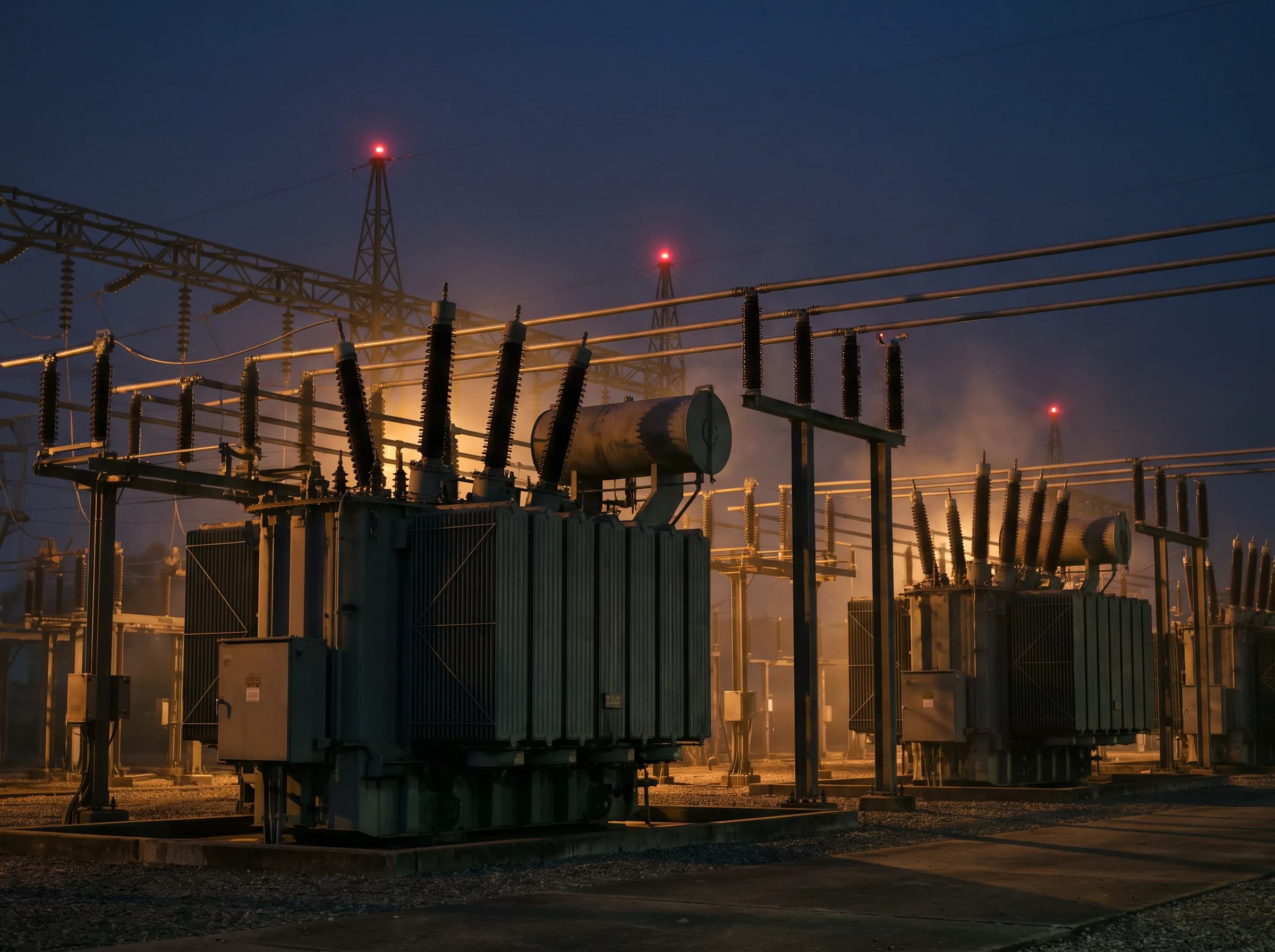 Utility substation transformers at dusk