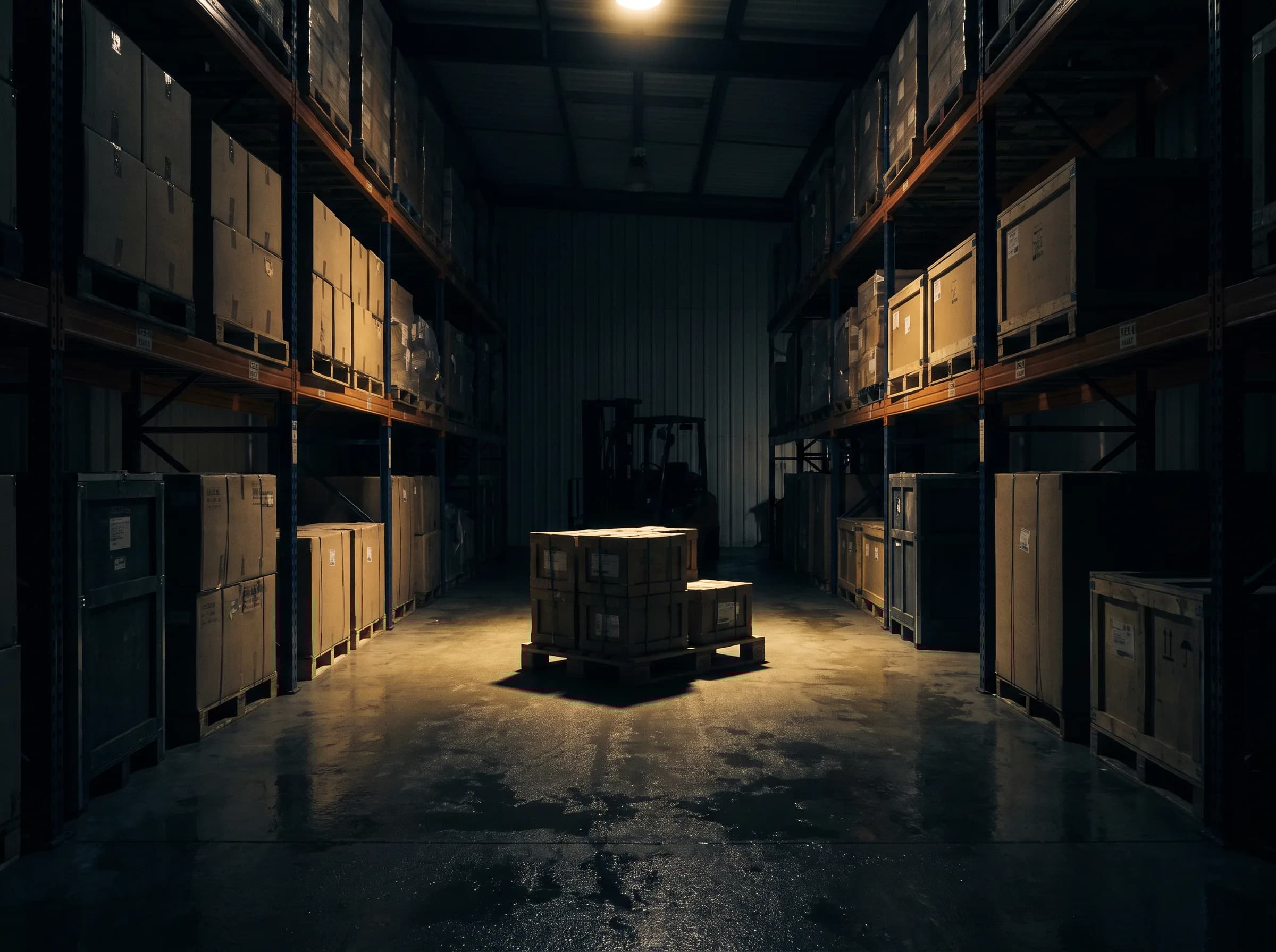 Industrial warehouse racking with equipment crates